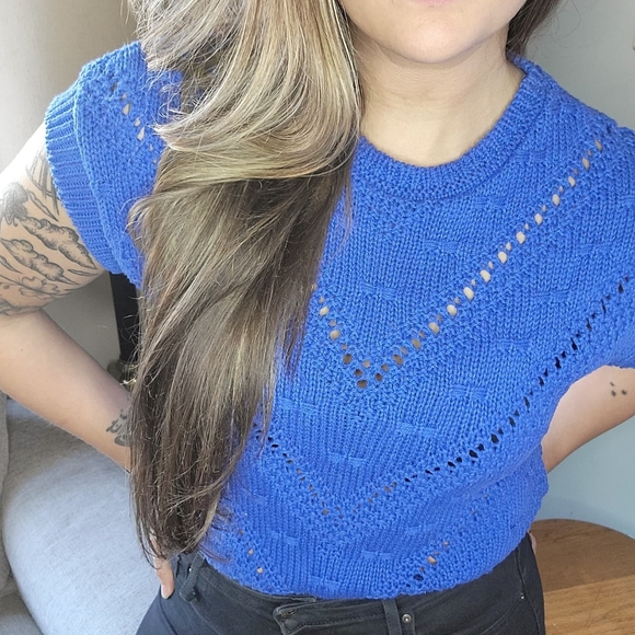 Womens 80s 90s Short Sleeve Knit Sweater Blue - Picture 9 of 9